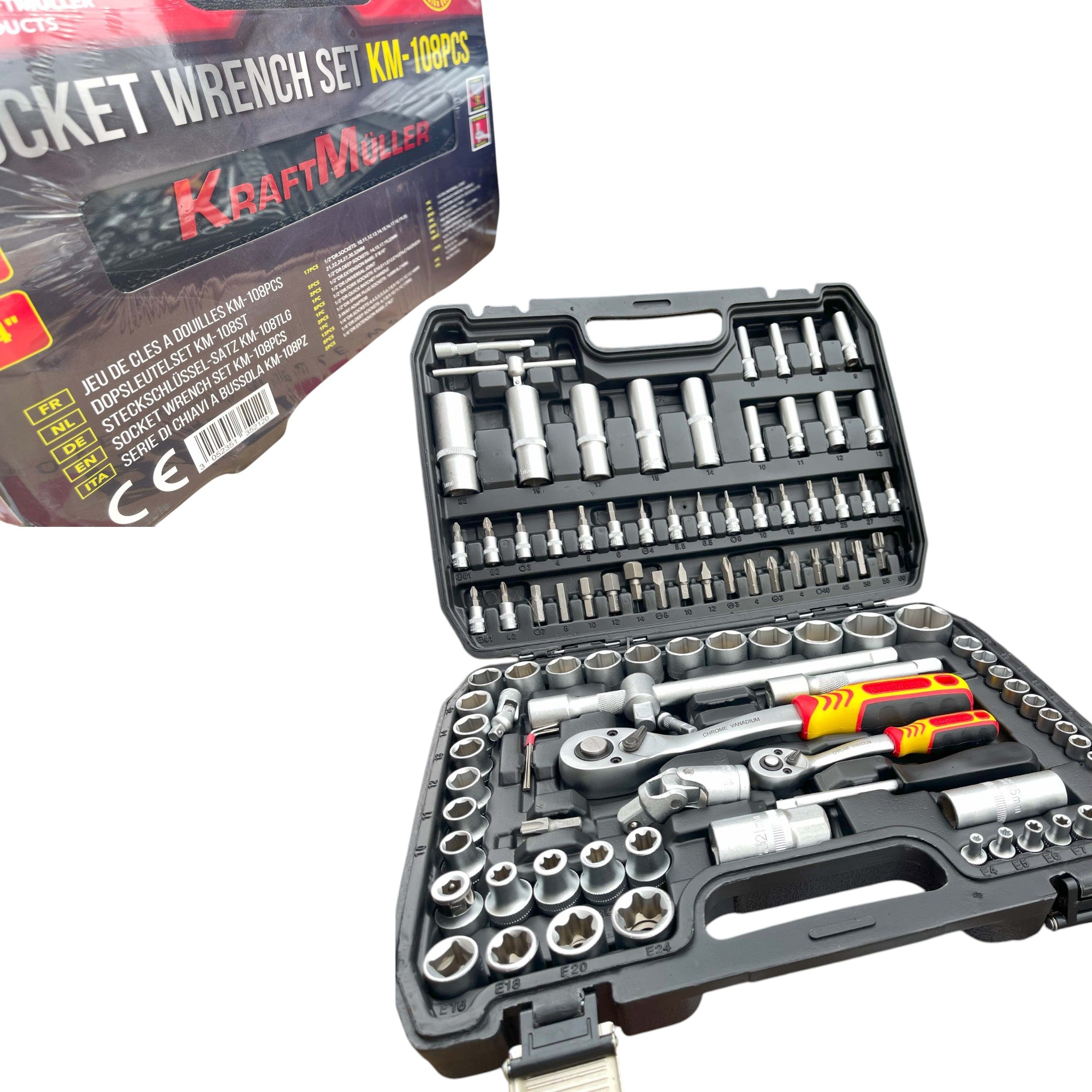 Estojo de Ferramentas Kraftmuller | Conjunto de 108 peças com chaves de roquete e chaves de caixa | Kit profissional para mecânicos e faça-você-mesmo