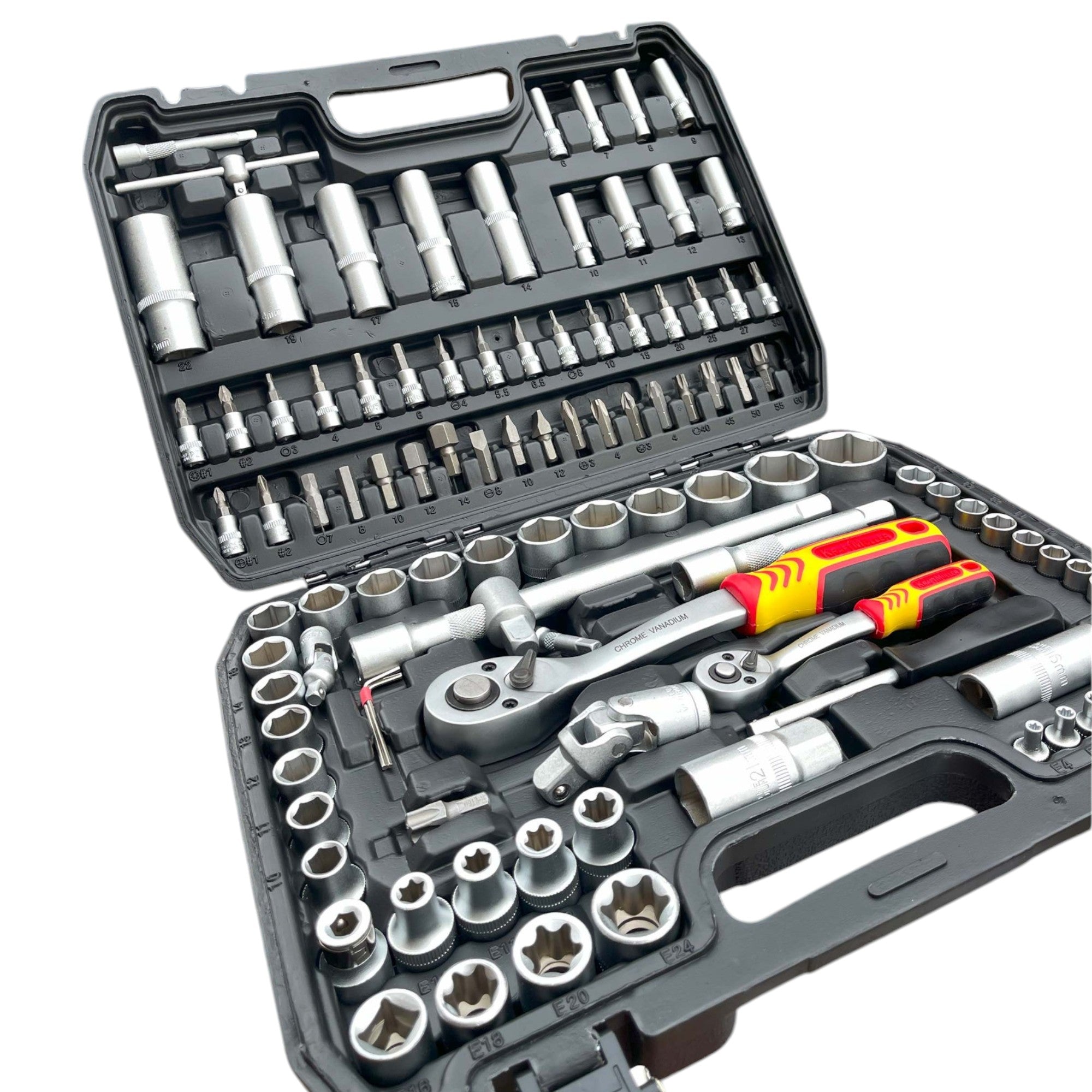 Estojo de Ferramentas Kraftmuller | Conjunto de 108 peças com chaves de roquete e chaves de caixa | Kit profissional para mecânicos e faça-você-mesmo
