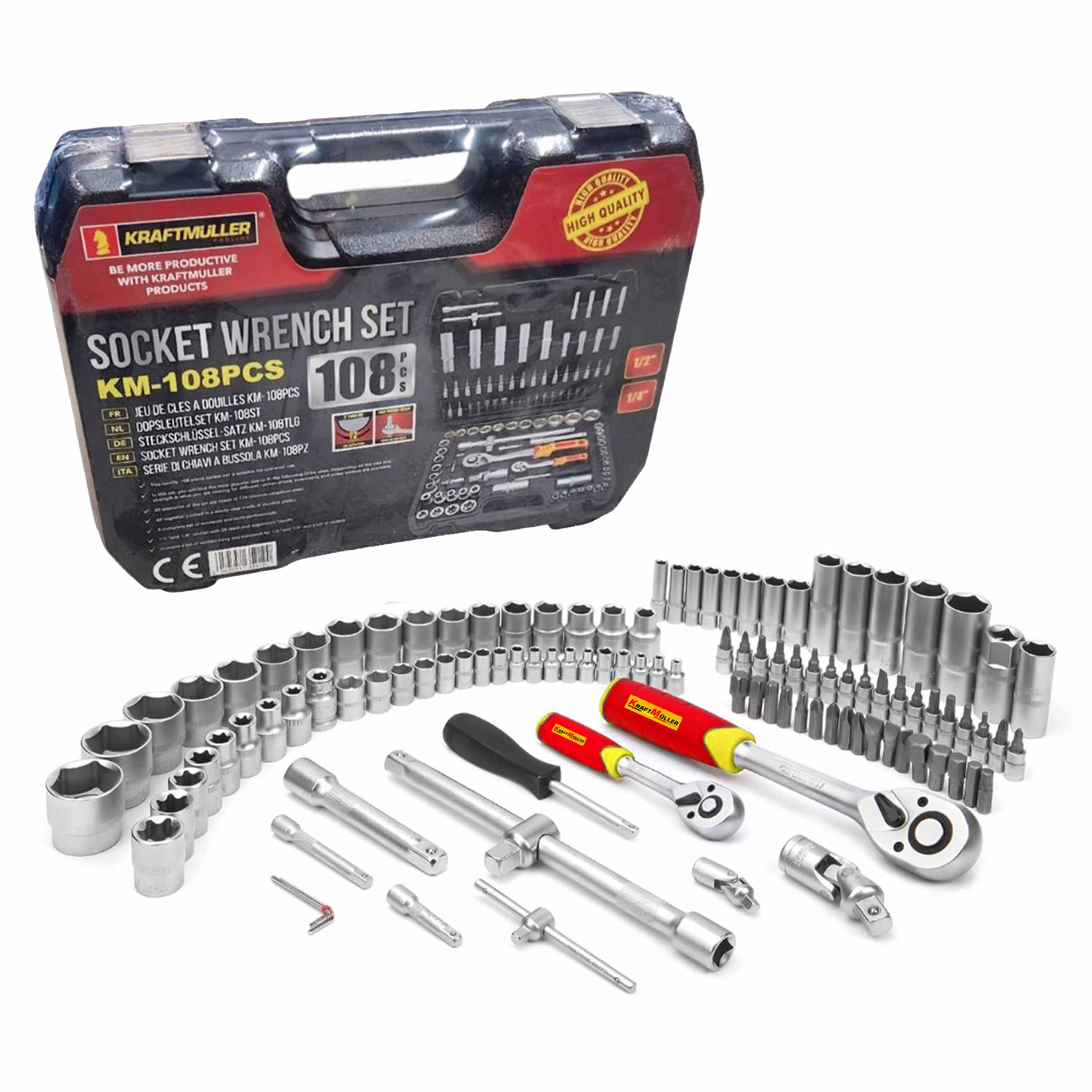 Estojo de Ferramentas Kraftmuller | Conjunto de 108 peças com chaves de roquete e chaves de caixa | Kit profissional para mecânicos e faça-você-mesmo
