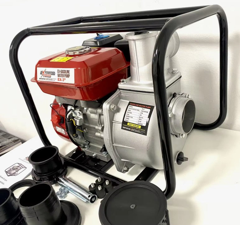 Bomba de água a gasolina de 4 tempos EXTREME TOOLS de 3 polegadas (70 mm) e 6,5 HP (4,8 kW).