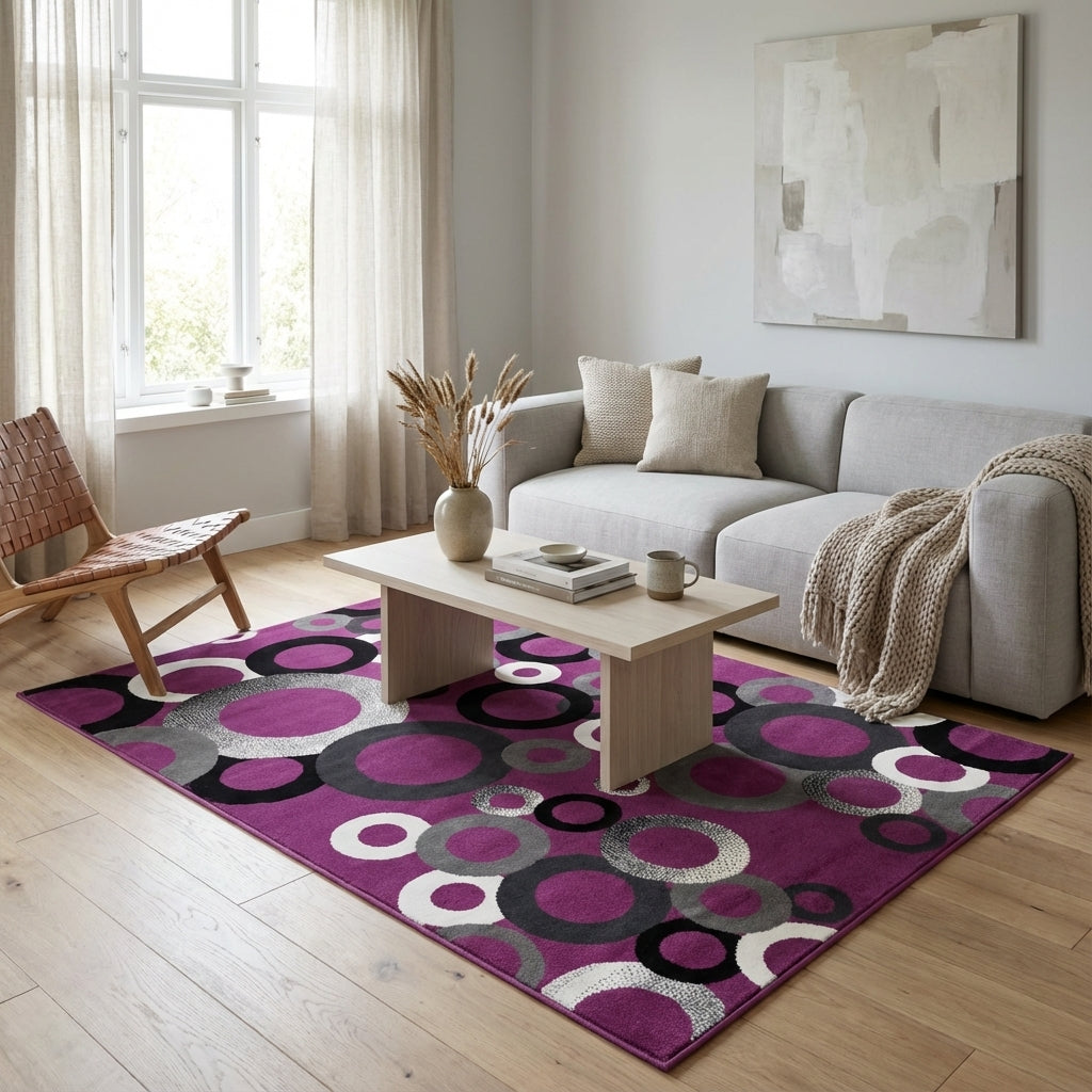 Tapete moderno de luxo com design circular, 2,50 m de comprimento x 1,80 m de largura – Disponível em 4 cores