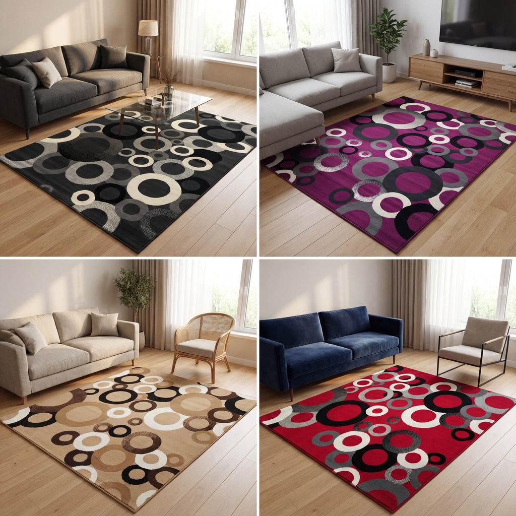 Tapete moderno de luxo com design circular, 2,50 m de comprimento x 1,80 m de largura – Disponível em 4 cores
