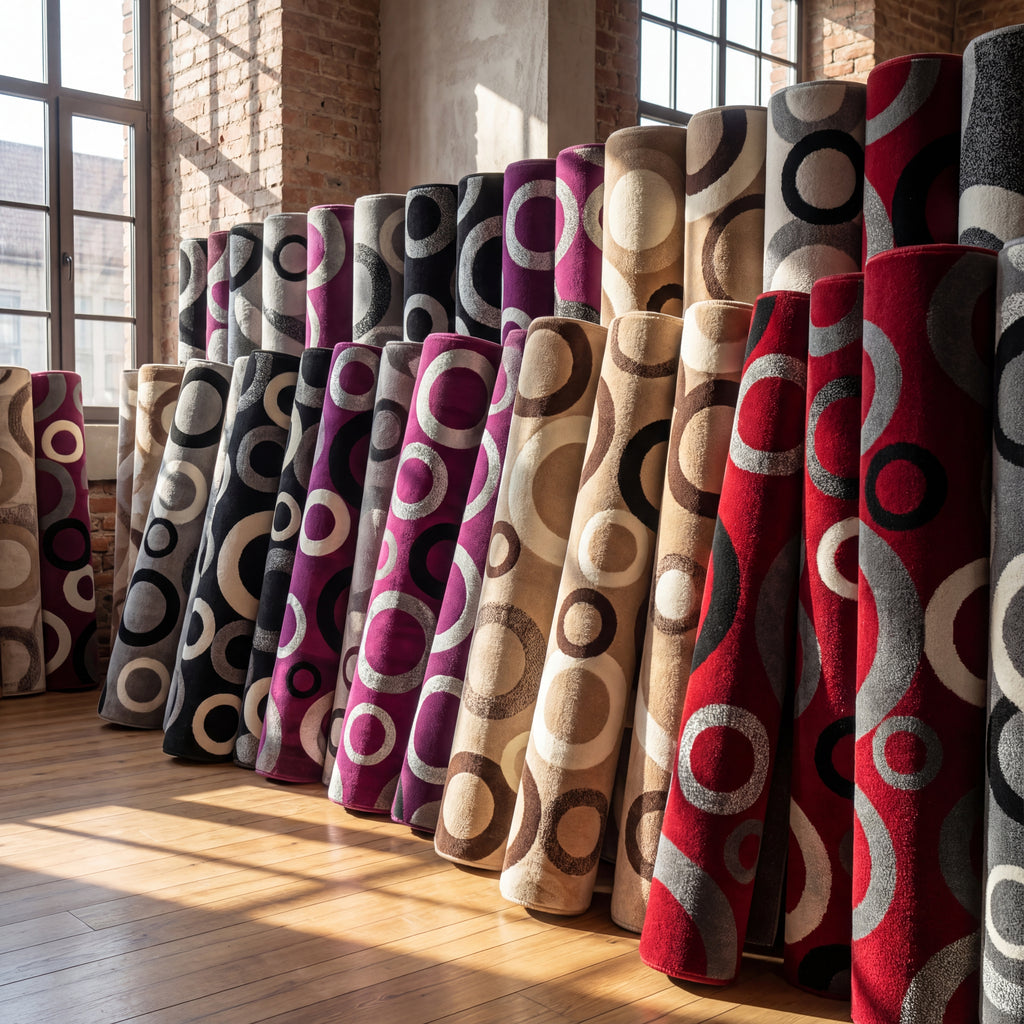 Tapete moderno de luxo com design circular, 2,50 m de comprimento x 1,80 m de largura – Disponível em 4 cores