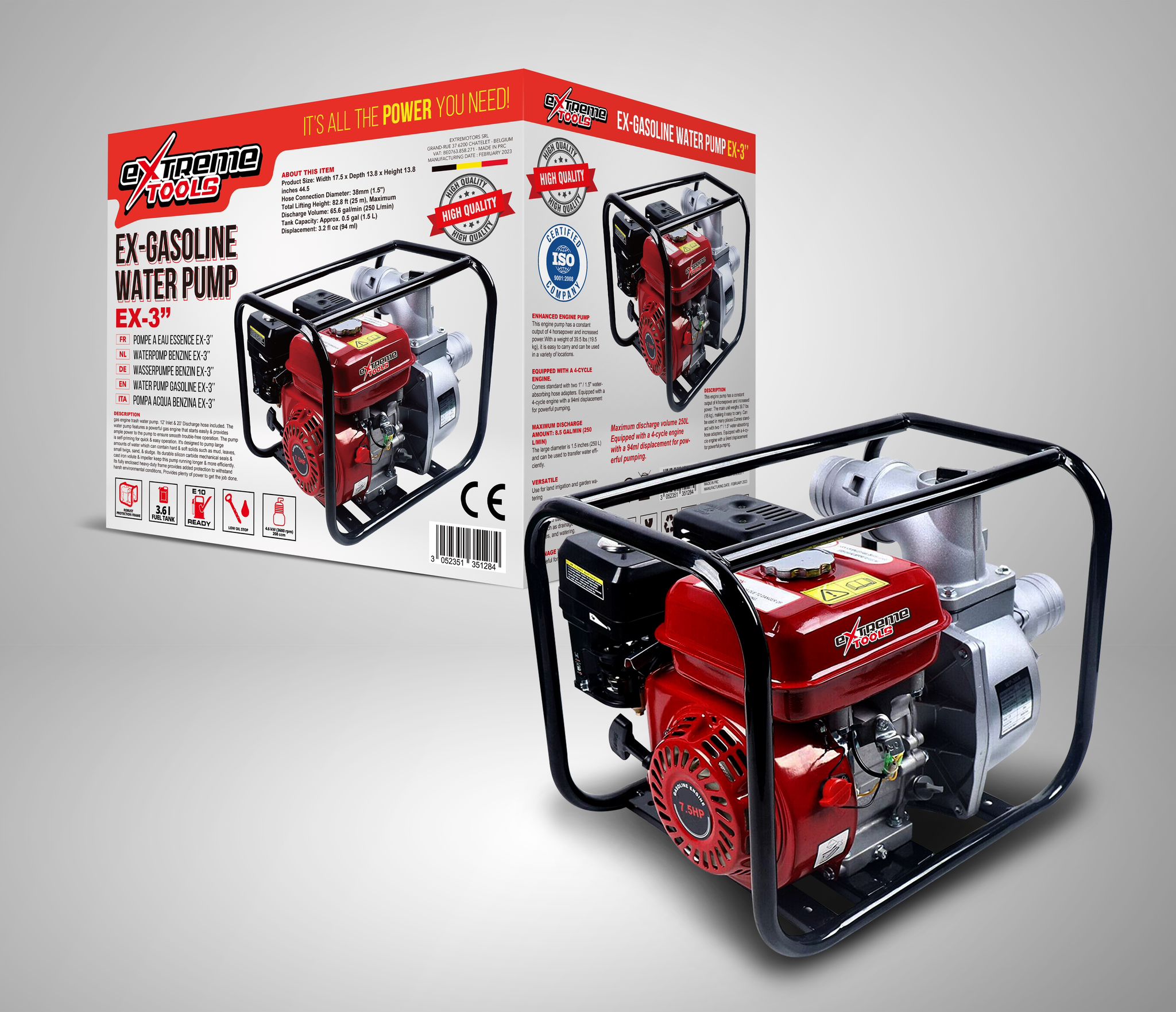 Bomba de água a gasolina de 4 tempos EXTREME TOOLS de 3 polegadas (70 mm) e 6,5 HP (4,8 kW).