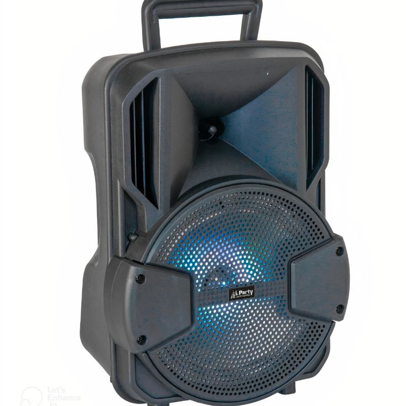 Coluna de som Bluetooth portátil com microfone e luzes LED.