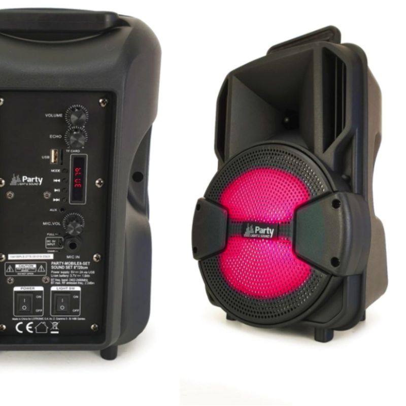 Coluna de som Bluetooth portátil com microfone e luzes LED.