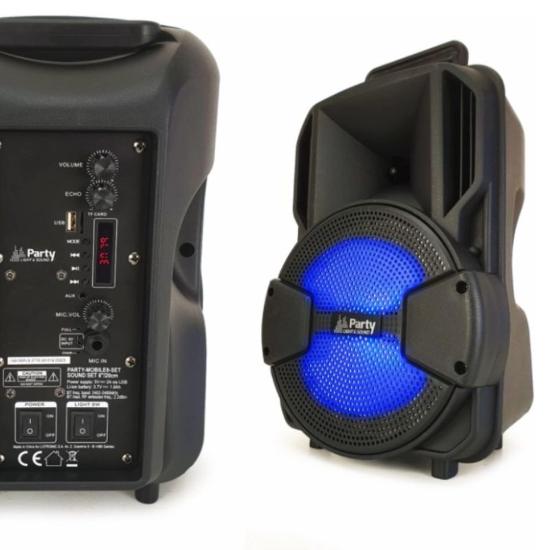 Coluna de som Bluetooth portátil com microfone e luzes LED.