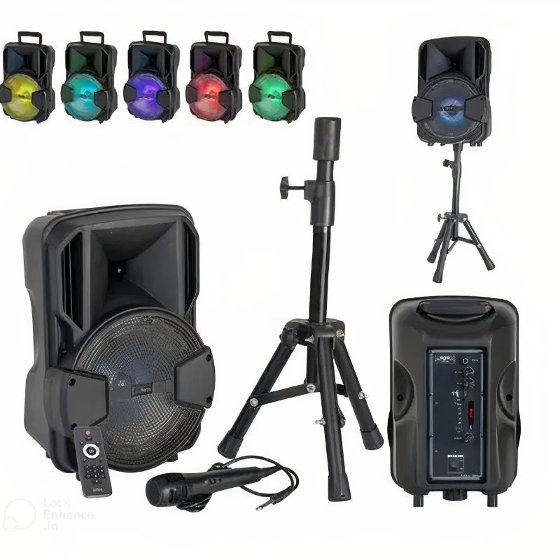 Coluna de som Bluetooth portátil com microfone e luzes LED.