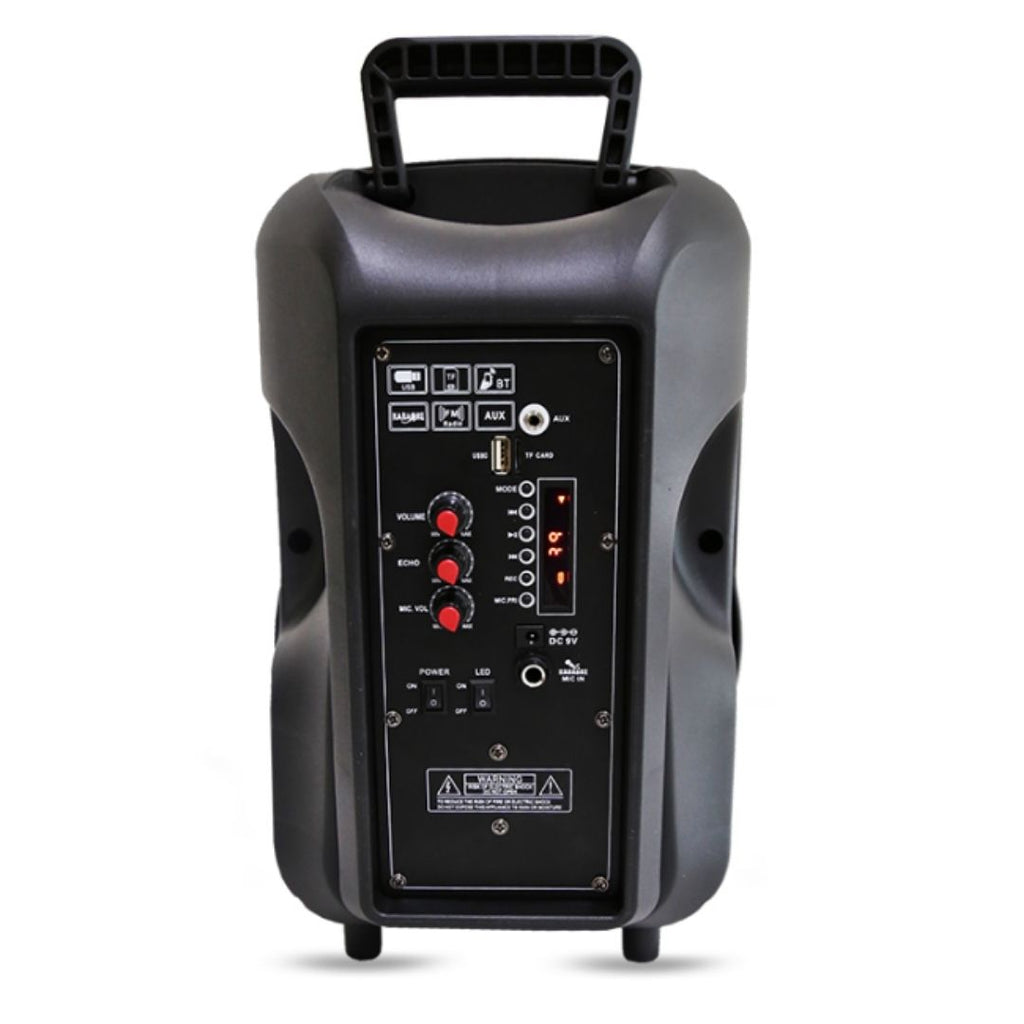 Coluna de som Bluetooth portátil com microfone e luzes LED.