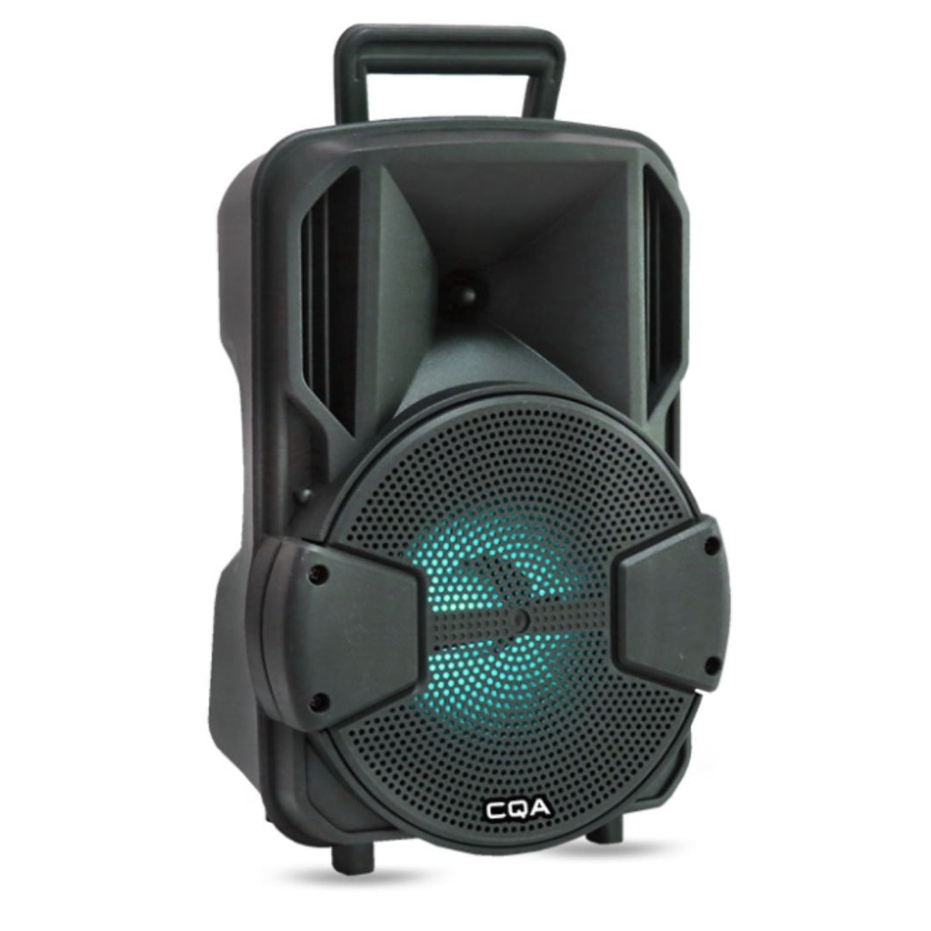 Coluna de som Bluetooth portátil com microfone e luzes LED.